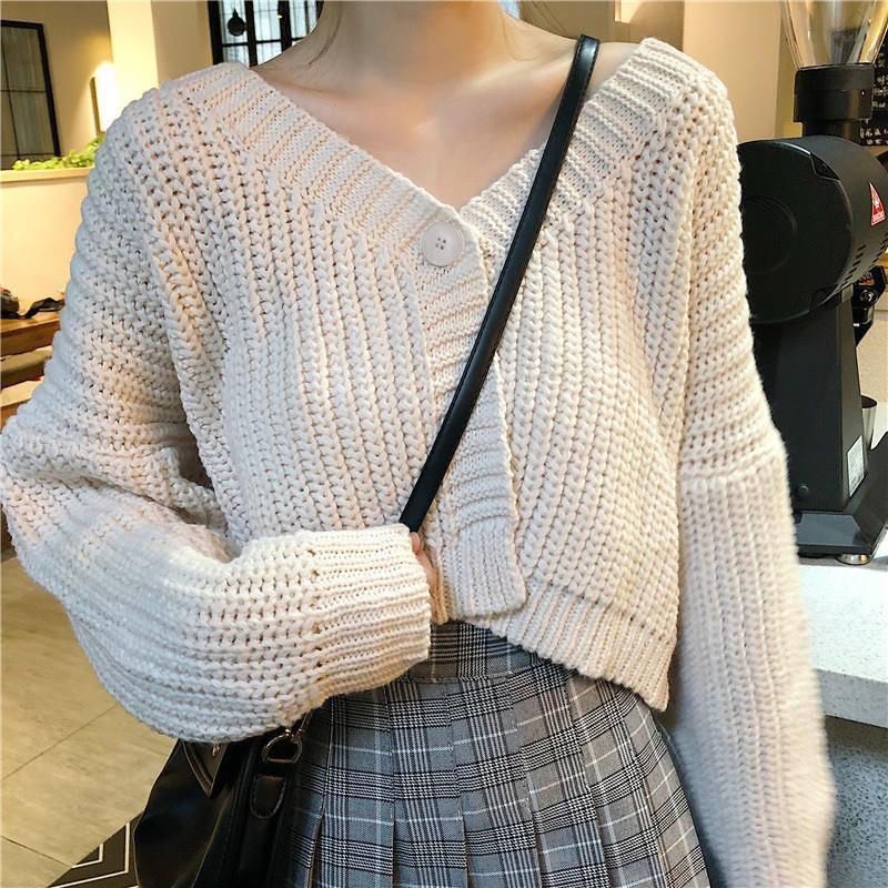 Áo Khoác len Móc Croptop Cổ Tim Tay Phồng Phong Cách Hàn Quốc | Smide Clothing