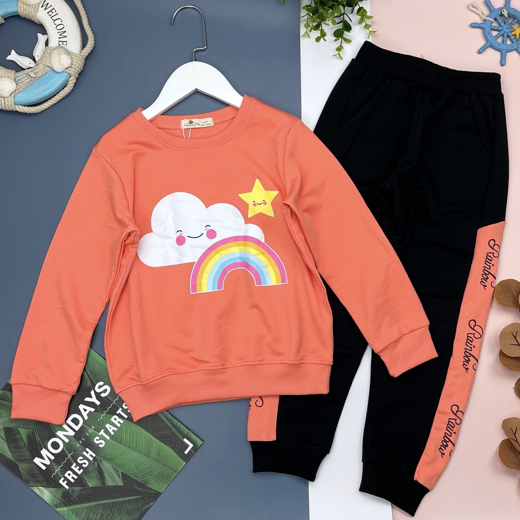 Bộ quần áo nỉ bé gái LITIBABY, hình cầu vồng, size 9/14T, chất nỉ bền đẹp
