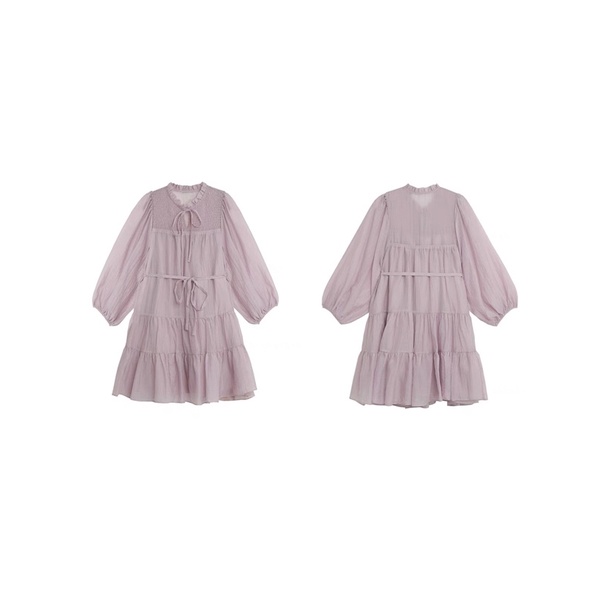Váy babydoll hai lớp TƠ NHÚN dáng xòe KÈM ĐAI thắt eo - Đầm tầng xoè tay bồng nhún cổ thắt eo