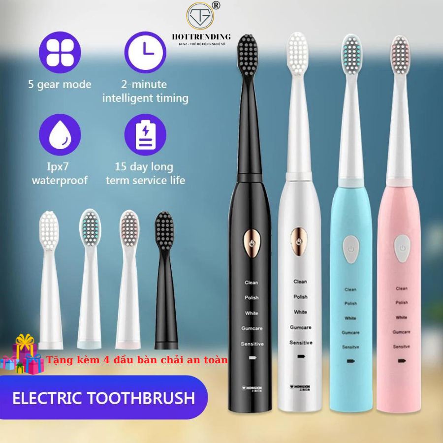 Bàn chải điện ELECTRIC TOOTHBRUSH 5 chế độ - Tặng kèm 4 đầu bàn chải an toàn chuẩn loại 1