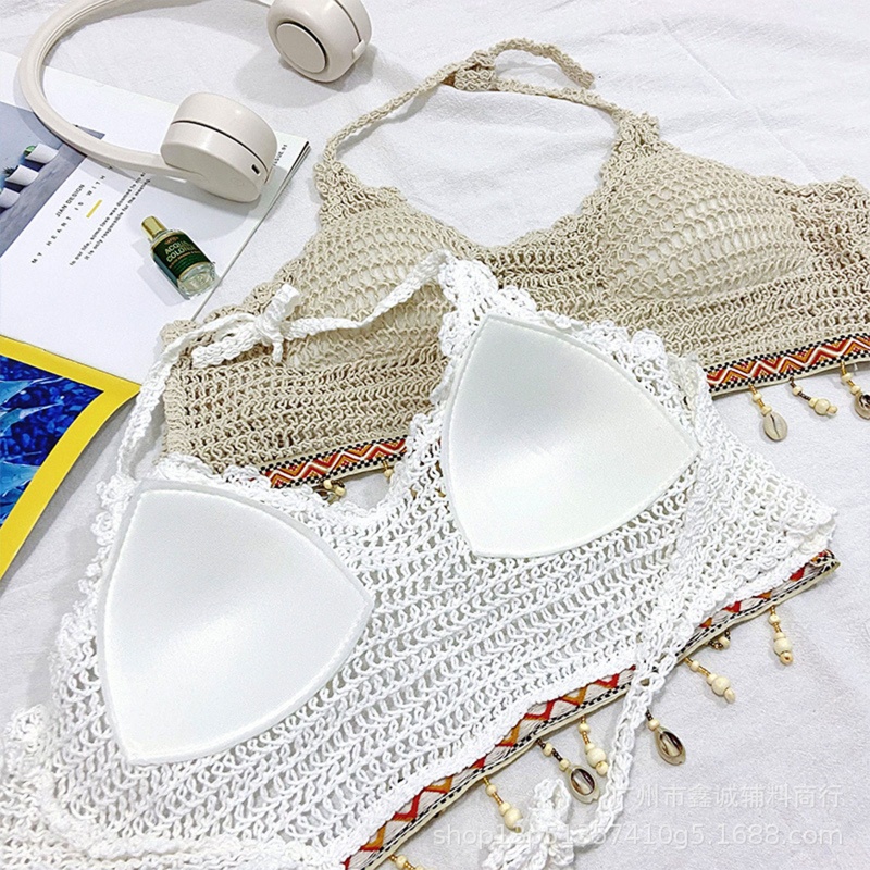 Brroa Áo Ngực Bikini Đan Móc Rỗng Họa Tiết Sọc Vỏ Sò Đính Hạt Phối Tua Rua Phong Cách Boho Dành Cho Bạn