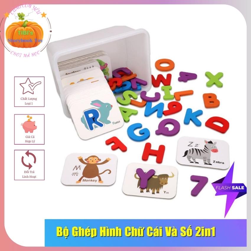 Bộ Thẻ Ghép Hình Chữ Cái và Số 2IN1, Gồm Thẻ Gỗ In Hình Con Vật, Số Đếm