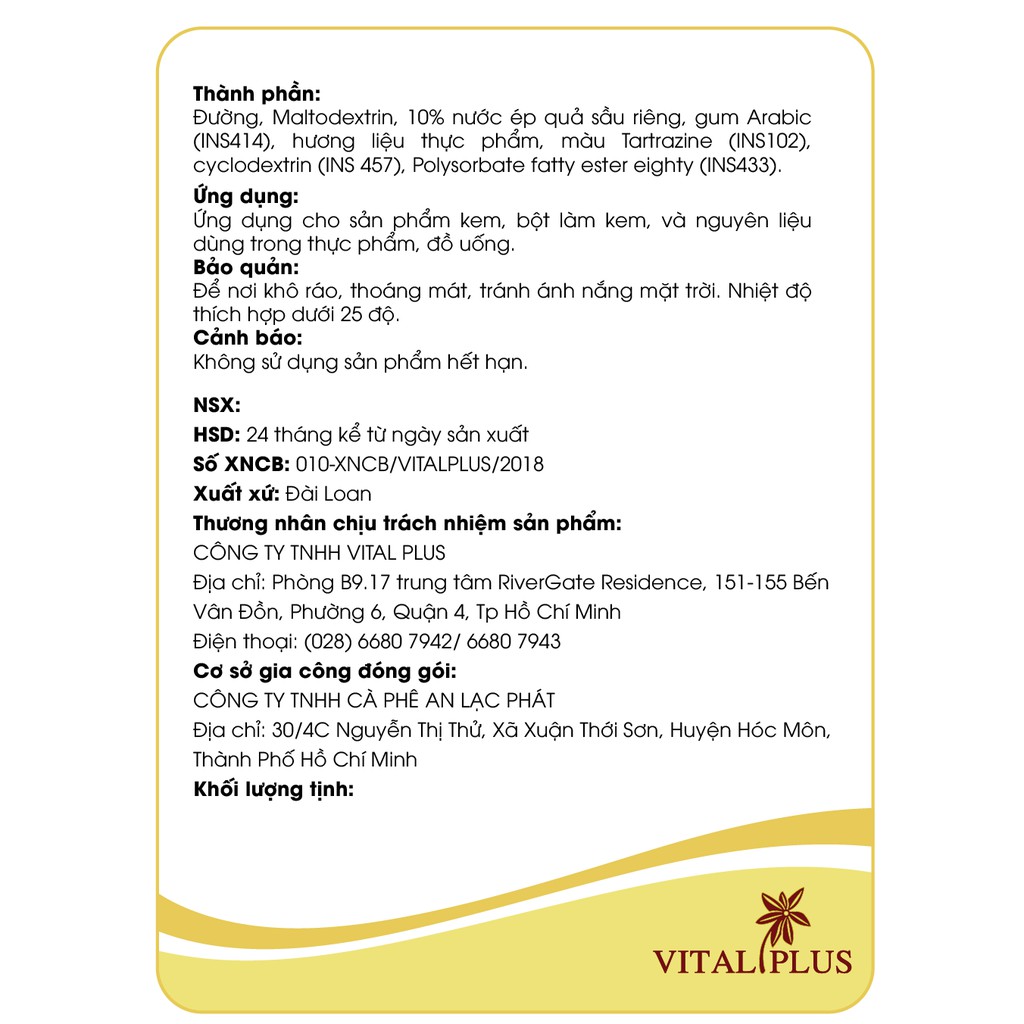 - Bột trái cây - Bột Sầu Riêng - Durian Juice Powder - Vital Plus