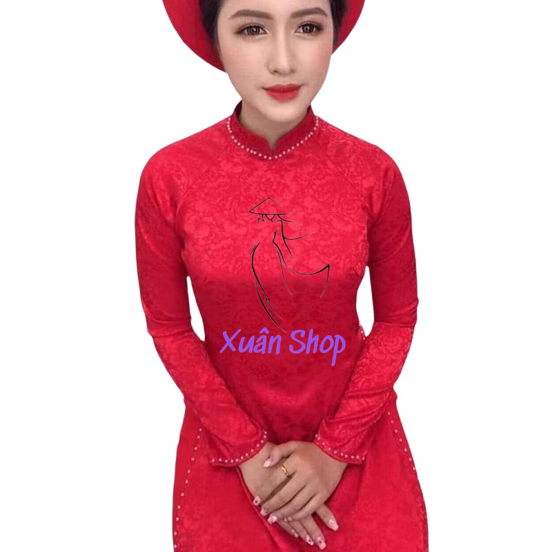 Áo dài truyền thống gấm tơ viền Ngọc Trai dệt hoa văn đẹp may sẵn