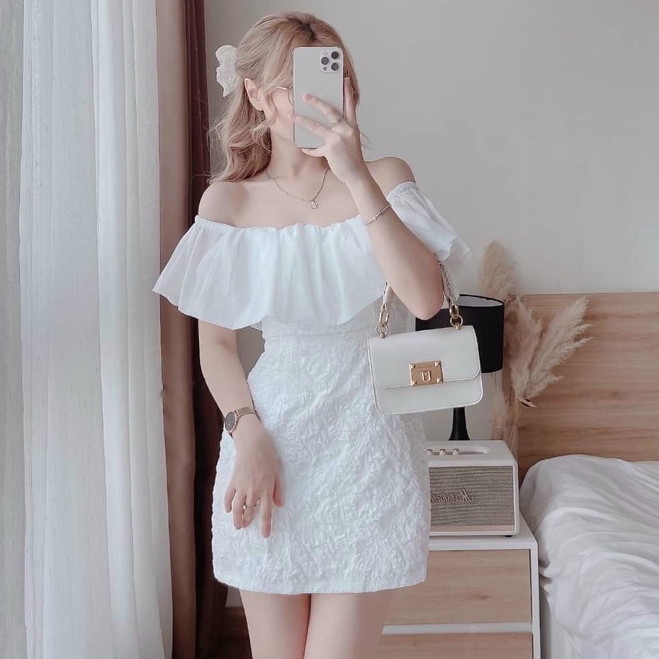 Váy đầm nữ body kiểu trễ vai phối bèo voan thân váy xốp dễ thương  thiết kế kèm mút dự tiệc sang chảnh hời trang nữ