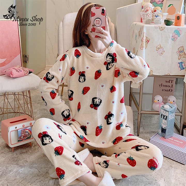 Bộ mặc nhà bộ đồ ngủ nữ mùa đông chất băng lông siêu mềm mại, ấm áp, mặc lại dễ thương, mùa đông ôm như ôm gấu (Mã BL)