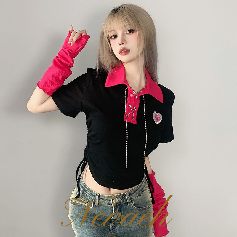 Áo Thun Tay Ngắn Cổ polo Phối Dây Rút In Họa Tiết Trái Tim Ngọt Ngào Thời Trang Cho Nữ