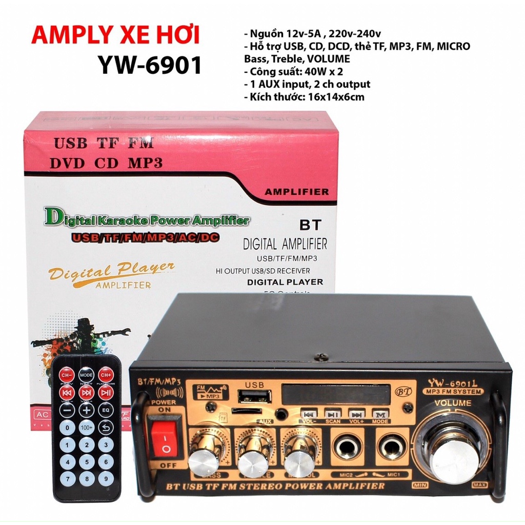 Amply Xe Hơi YW-6901 Siêu Rẻ Amply Mini Karaoke Gia Đình Chuyên Nghiệp Kết Nối Bluetooh Thẻ Nhớ USD 