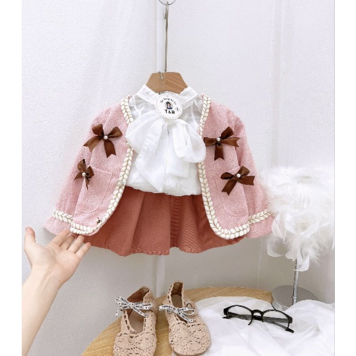 Set 3 chi tiết váy áo nơ kèm khoác dạ 2 lớp tiểu thư xinh xắn bé gái