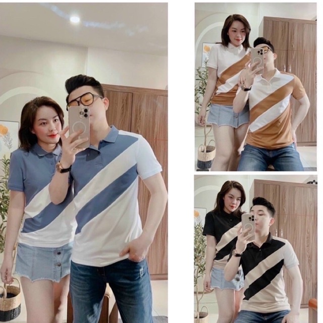 Áo phông đôi polo cổ bẻ phối màu sọc siêu hot mh