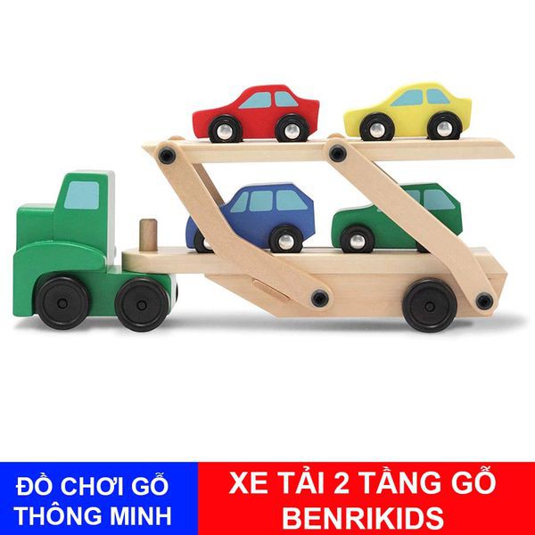 Đồ Chơi Gỗ-Ô Tô Container 2 Tầng Chở 4 Xe Ô Tô Con Bằng Gỗ An Toàn Cho Bé