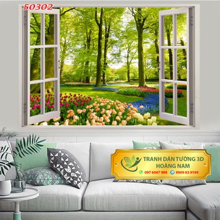 Decal tranh dán tường 3D trang trí bóc dán tiện dụng Hình cửa sổ vườn hoa tuylip