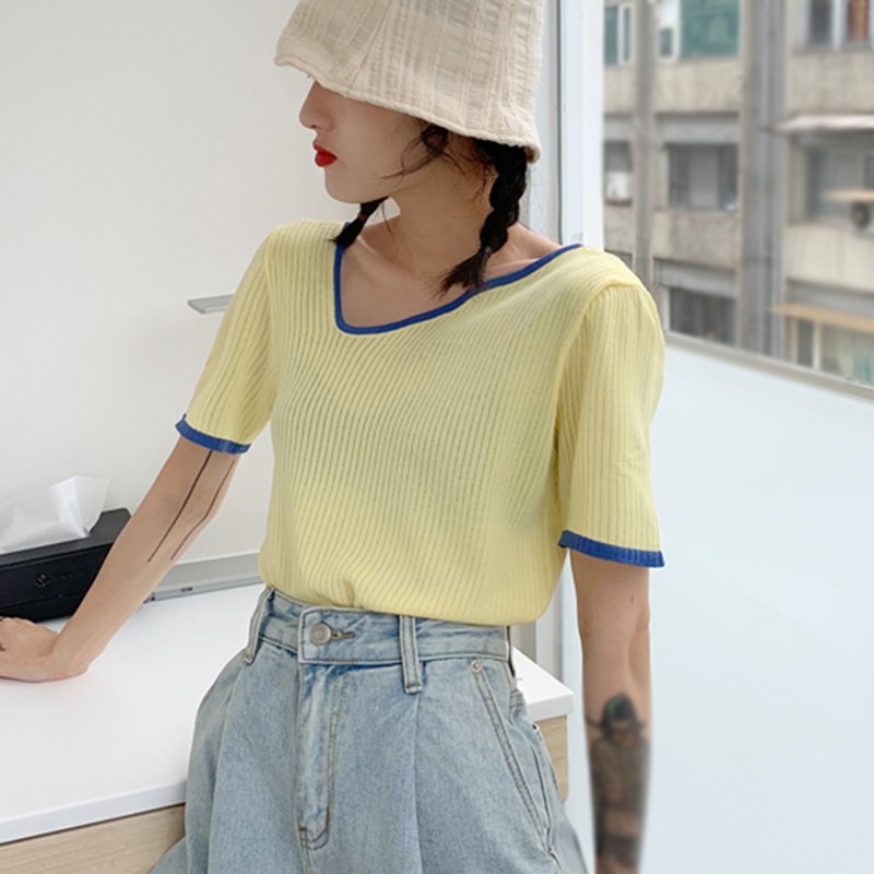 Áo Croptop Dệt Kim Tay Ngắn Cổ Vuông Màu Tương Phản