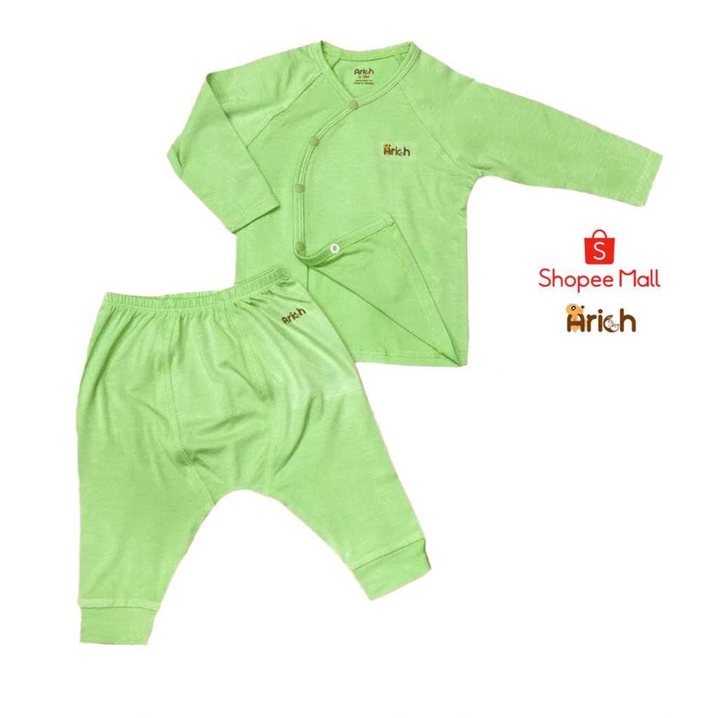 Bộ quần áo cài lệch Arich vải sợi tre màu trơn (size 0-3 tháng đến 12-18 tháng)