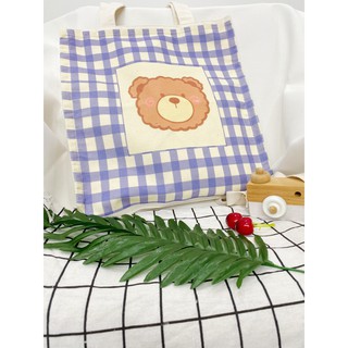 Túi tote túi vải leo canvas gấu nâu caro xanh