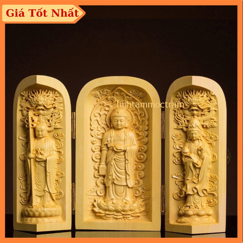 Bộ 3 tượng phật như lai quan âm bằng gỗ Hoàng Dương vật phẩm phong thủy