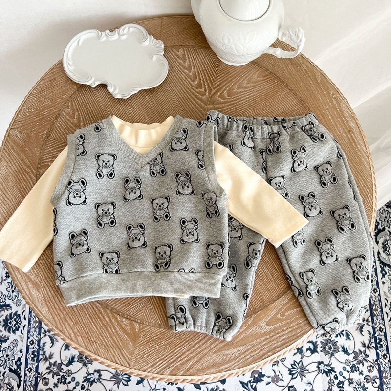 Set gile + quần + áo giữ nhiệt hình gấu dập nổi hàng quảng châu