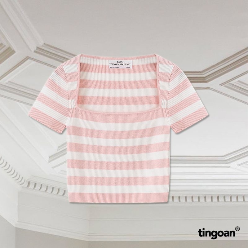Áo len crop lửng ngắn tay cổ vuông kẻ trắng hồng tingoan sài gòn BORA BORA TOP/PK