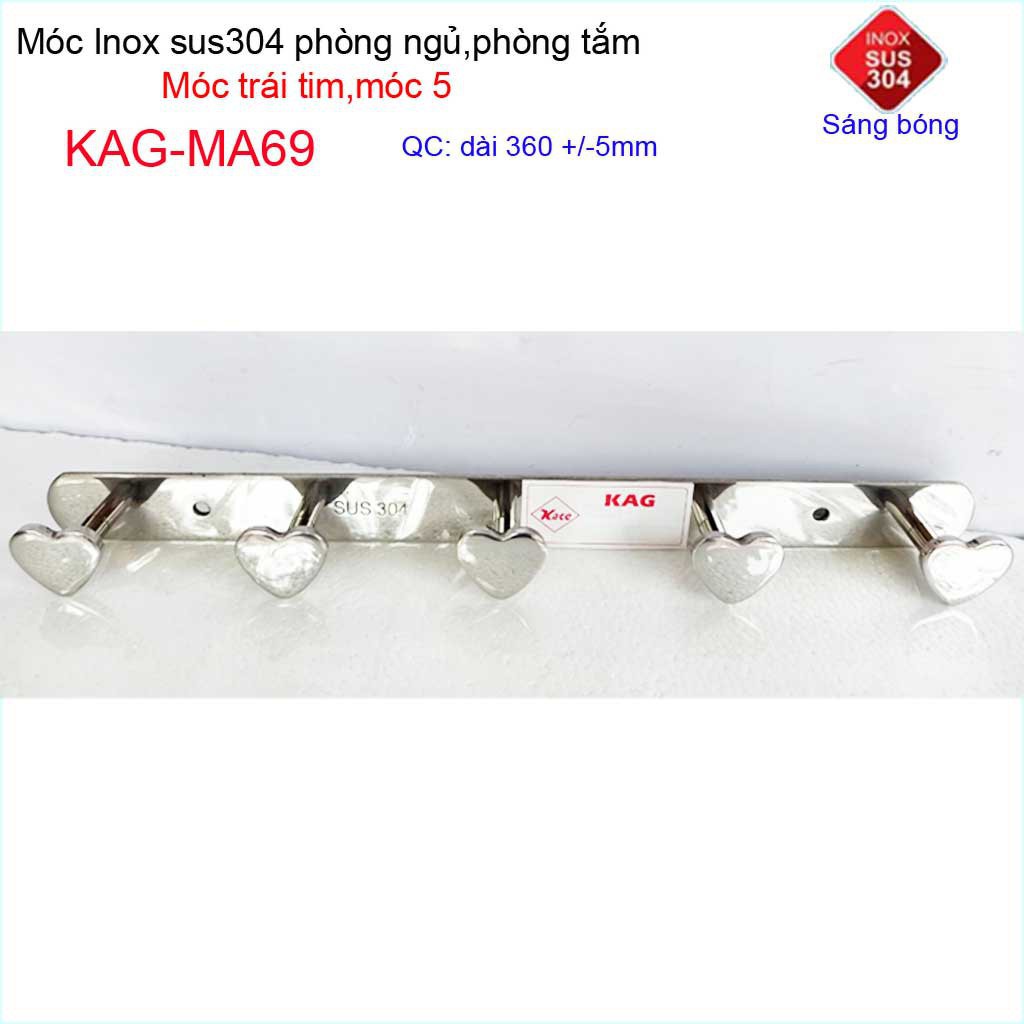 Móc treo quần áo inox 304 cao cấp dày, móc tim Kace 5 móc treo đồ nhà tắm KAG-MA69