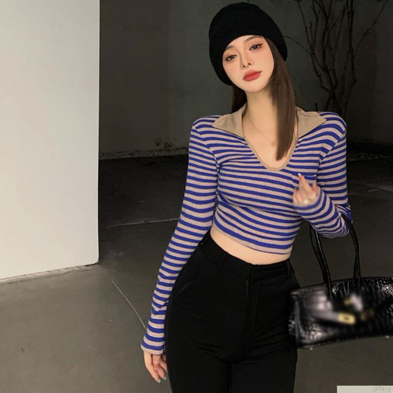 Áo thun lửng tay dài họa tiết sọc ngang thời trang quyến rũ dành cho nữ