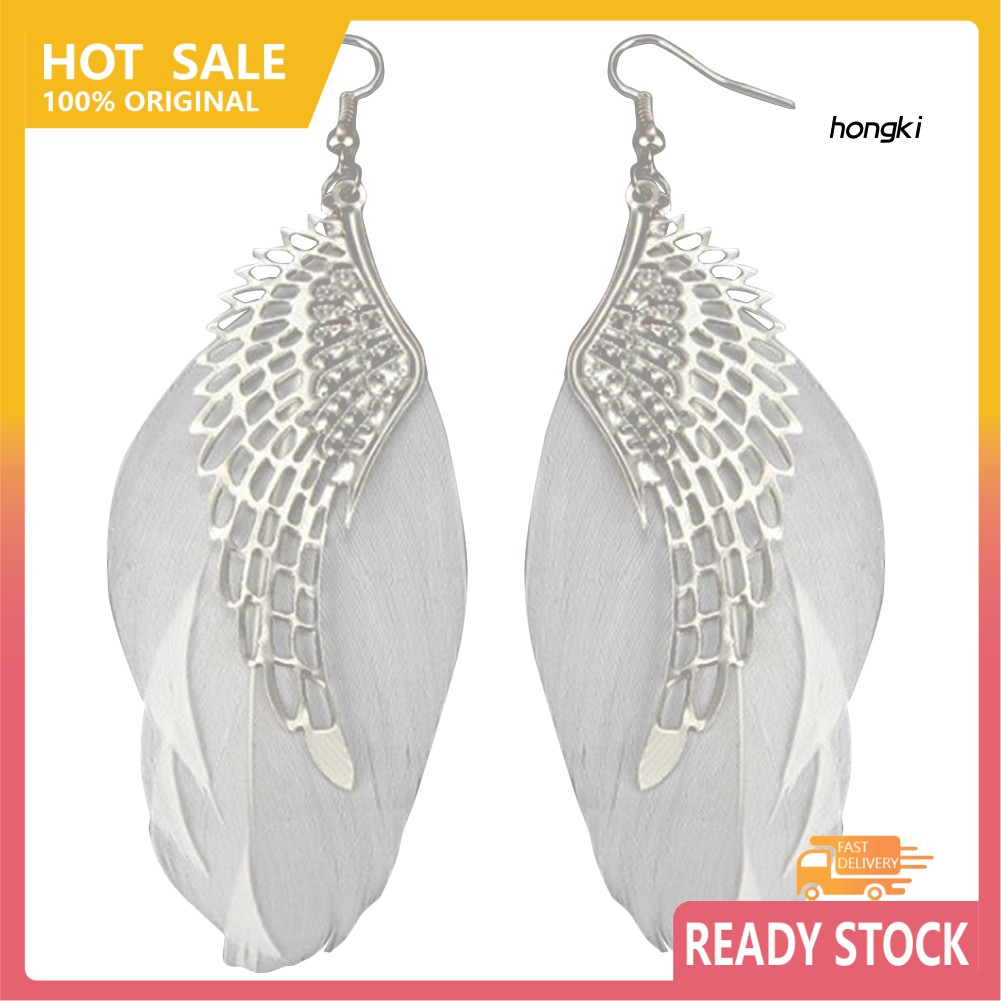 Hoa tai dáng dài mặt hình cánh thiên thần phối lông vũ thời trang dành cho nữ