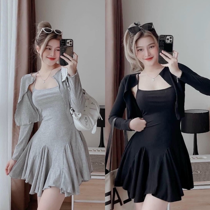 Set Đầm 2 Dây Cổ U Dạo Phố Đi Chơi Kèm Khoác Ghép Mảnh Thun Gân