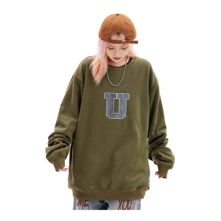 Áo Sweater Nỉ Make It Rain Heybig  màu xanh rêu họa tiết in chữ U