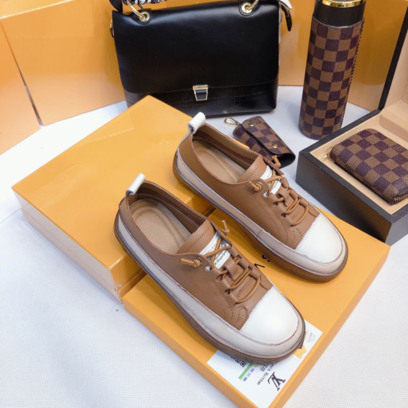 t Giày Thể Thao Nữ Nâu Giày Da Thật Dây Lười Mềm Êm Fullbox Cao Cấp