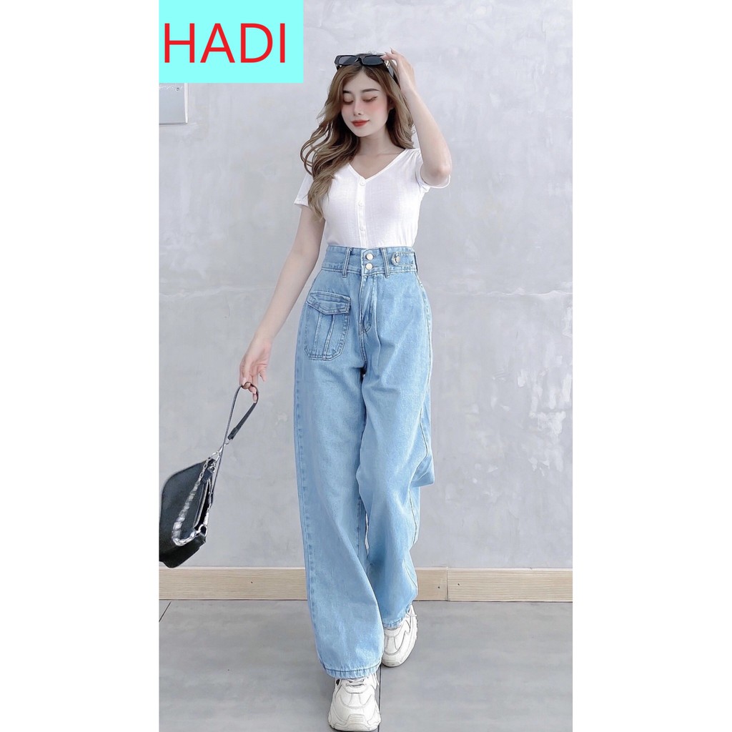 QUẦN JEAN ỐNG RỘNG NỮ LƯNG CAO 2 NÚT TÚI NẮP 1 BÊN PHỐI 1 ĐAI LAI CUỐN MÀU XANH NHẠT XANH ĐẬM CAO CẤP HADI