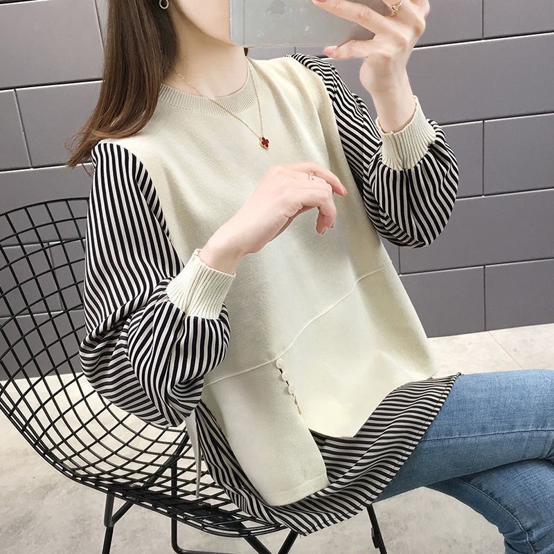 Áo sweater dệt kim mỏng dáng rộng giả hai lớp thời trang thu đông hàng mới dành cho bạn nữ 2021