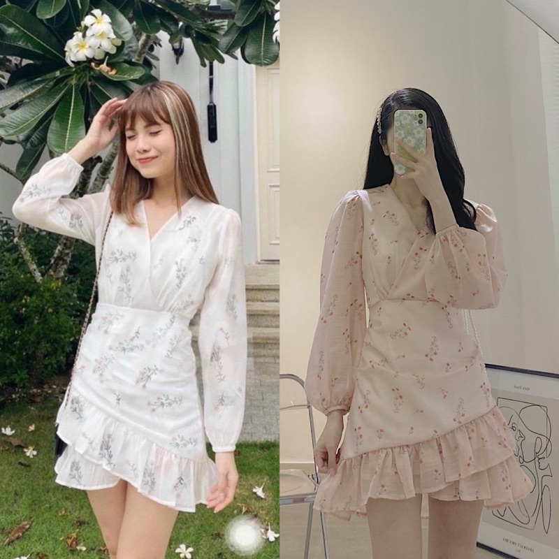 Đầm trắng hoa cổ đắp lai bèo tay dài (về thêm màu)