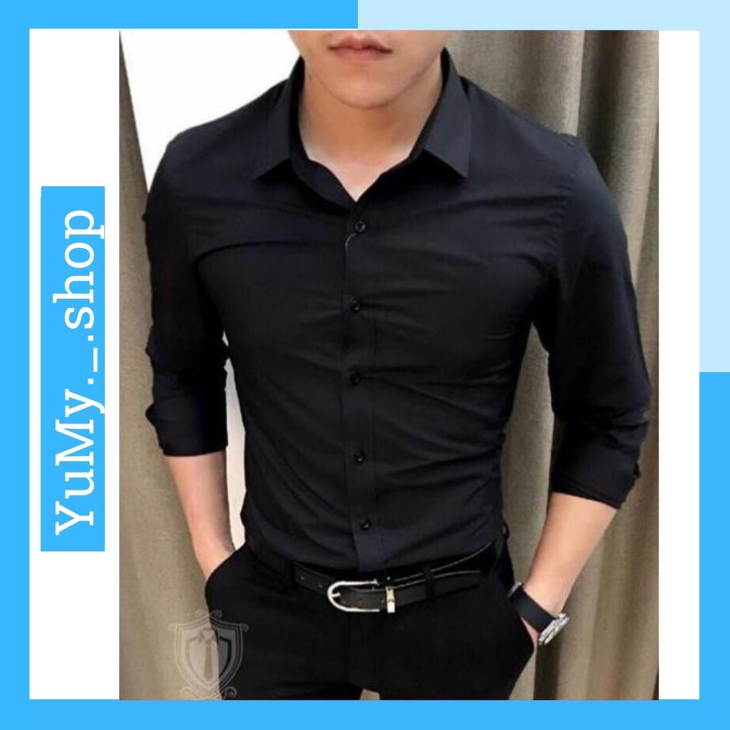 Sơ mi lụa có cổ đen trơn cao cấp