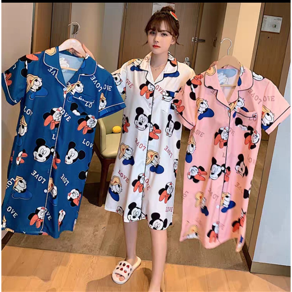 Đồ Ngủ Nữ, Áo Ngủ Nữ Hoạ Tiết Mickey, Chất Lụa Latin Cao Cấp