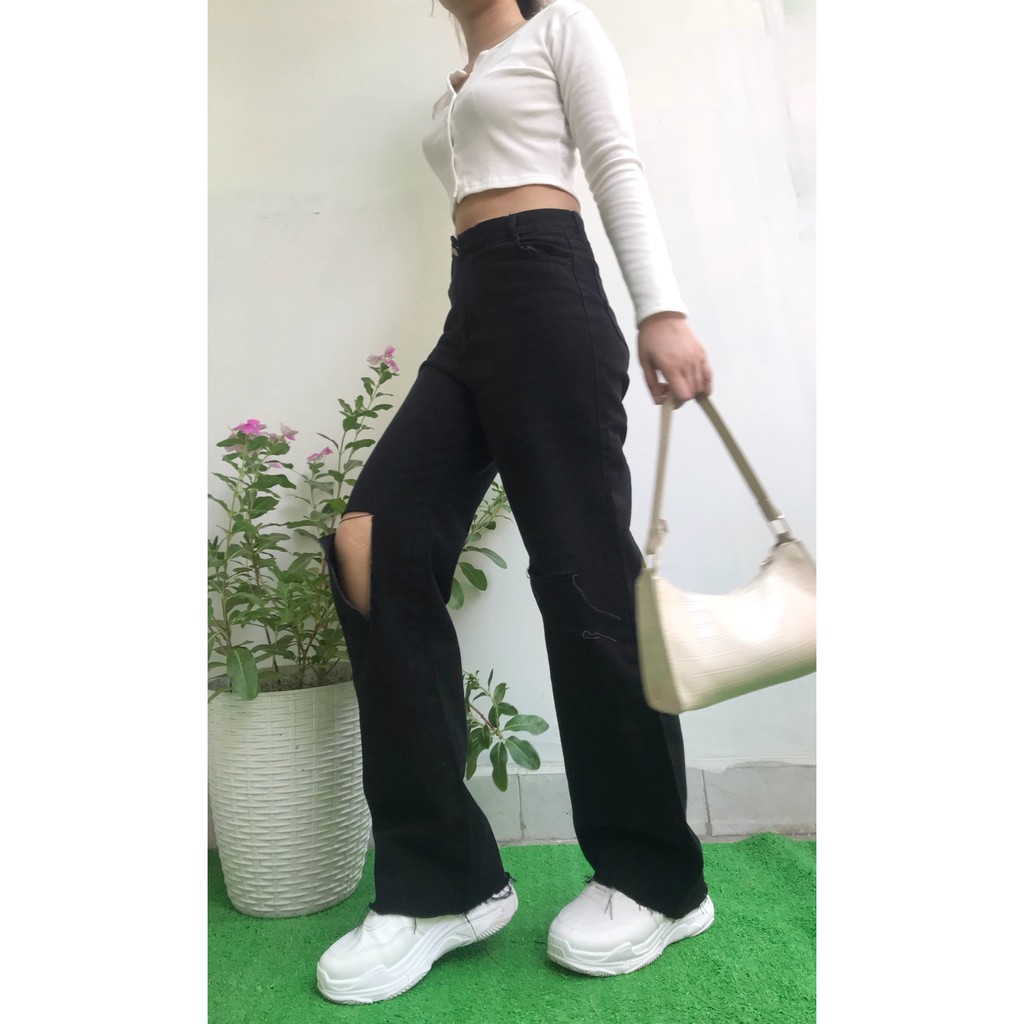 Quần Jean Nữ Lưng Cao Ống Rộng Rách Đen Và Xanh Ullzang Cực Chất - 510