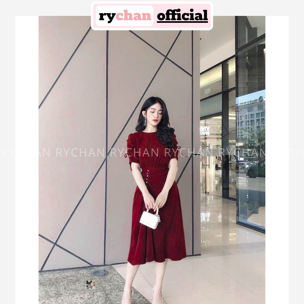 Đầm Xòe Midi Tay Phồng Rút Sườn Đính Ngọc 3 Màu Sang Trọng - DX9990