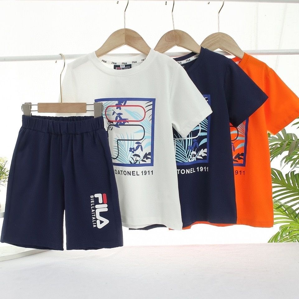 Fila Set Đồ 2 Món Gồm Áo Thun Tay Ngắn Cổ Tròn + Quần Short Vải Cotton Thời Trang Cho Bé 2-13 Tuổi
