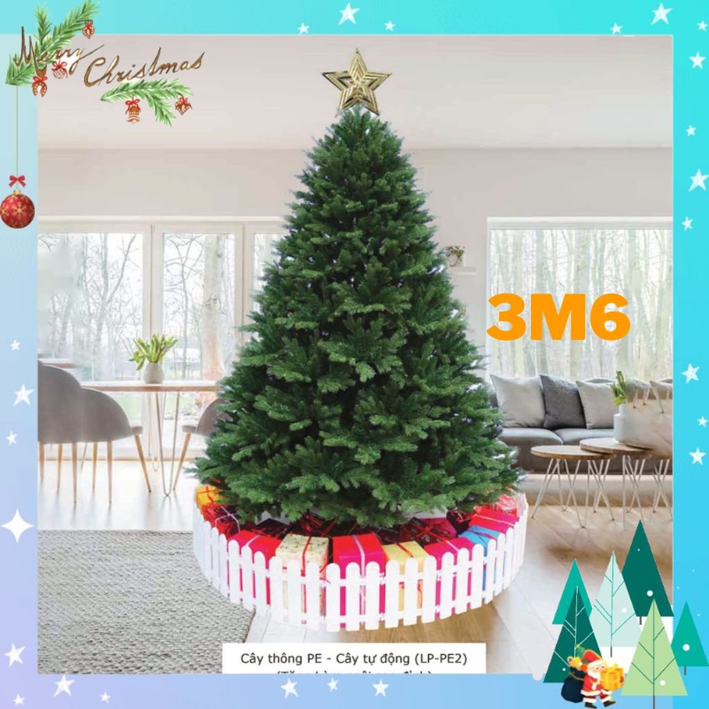 Cây thông noel PE 3m6 cây tự động bung nhánh tặng ngôi sao đỉnh và dây kim tuyến trang trí giáng sinh