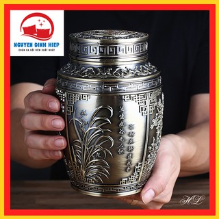 Hộp đựng chè💖FREESHIP💖Hộp đựng trà bằng đồng hoa văn cổ hợp kim đồng size To