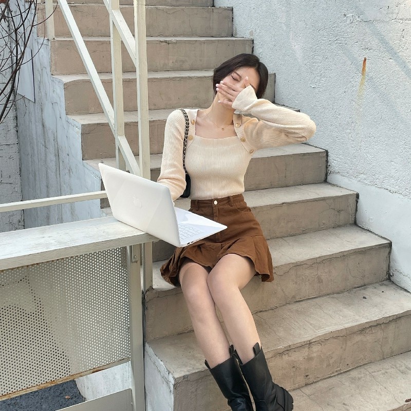 Áo sweater dệt kim ZHELIHANGFEI tay phồng cổ vuông trẻ trung gợi cảm thời trang