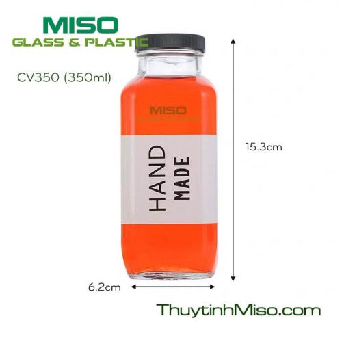 Bộ 8 Chai thủy tinh vuông CV 350ml đựng sữa hạt, nước ép, kombucha nắp nhựa vặn chống tràn.