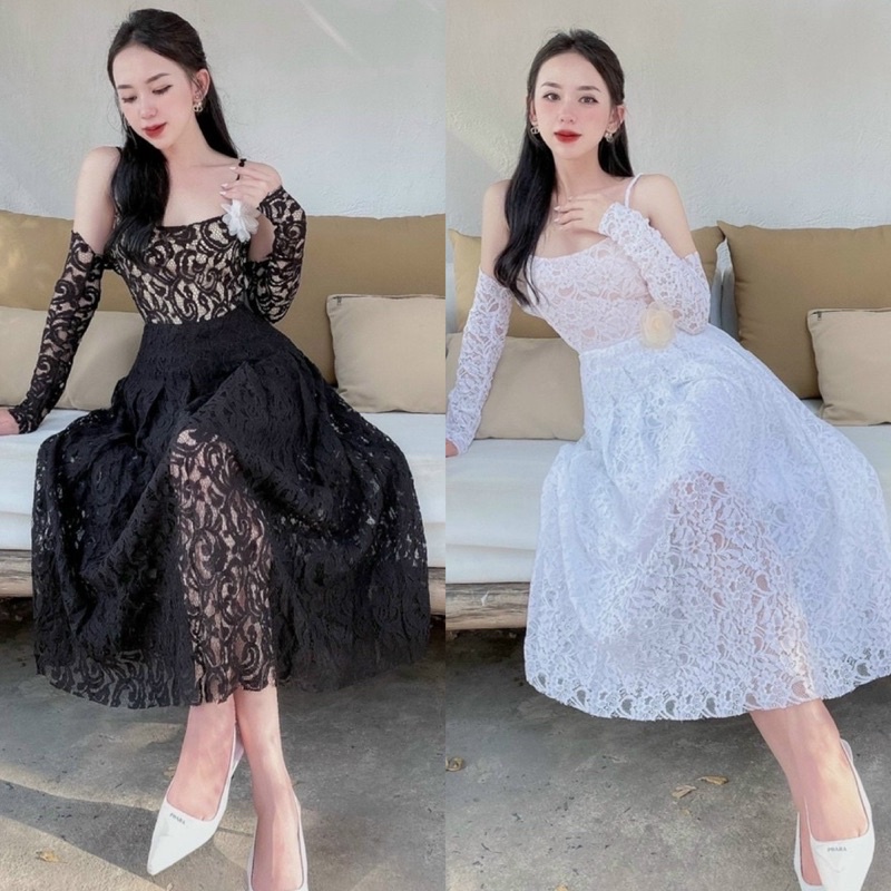 Set đầm ren 2 dây xoè kèm tay áo rời trắng đen - đầm váy dài đi chơi dự tiệc sự kiện sang trọng quyến rũ quý phái