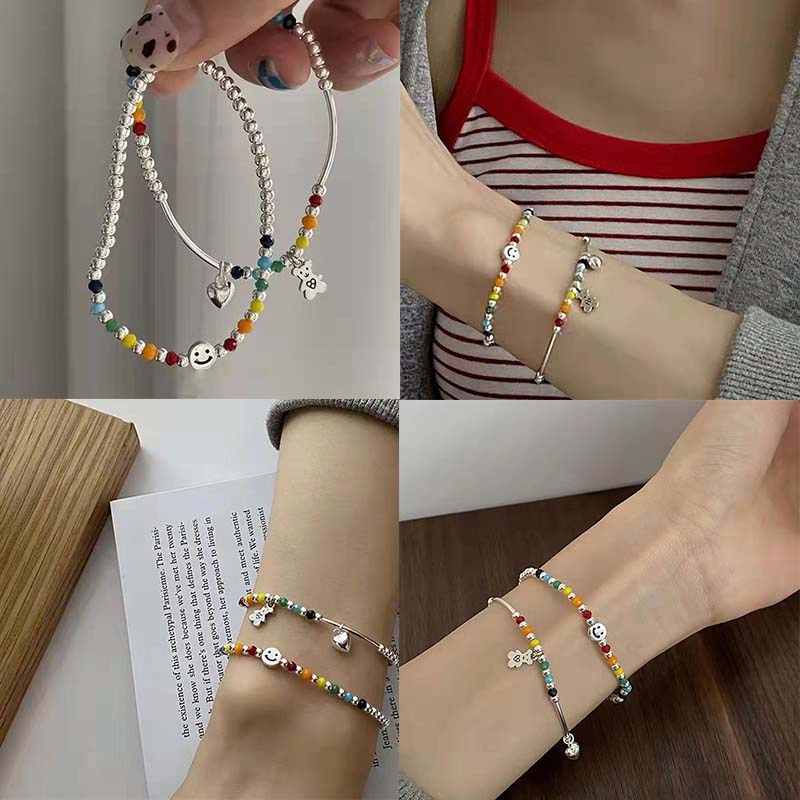 Vòng Tay Chuỗi Hạt Màu Cầu Vồng Mặt Cười Thời Trang Hàn Quốc Cho Nữ
