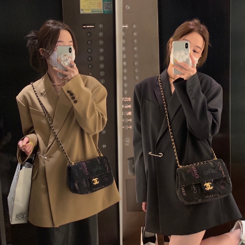 Áo khoác blazer nữ form rộng thiết kế ghim chéo độc đáo phong cách Hàn Quốc