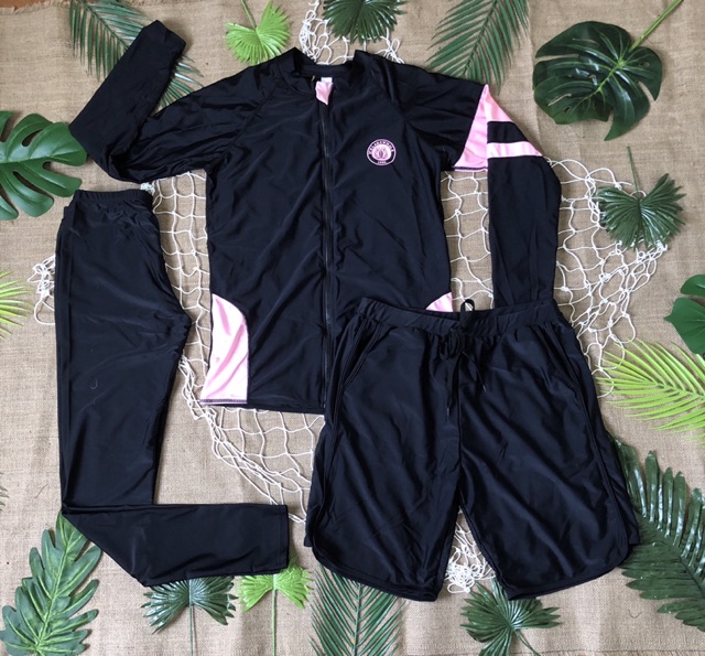 Đồ bơi dài tay nam nữ áo khoác đen line hồng quần váy dài chống nắng | BigBuy360 - bigbuy360.vn