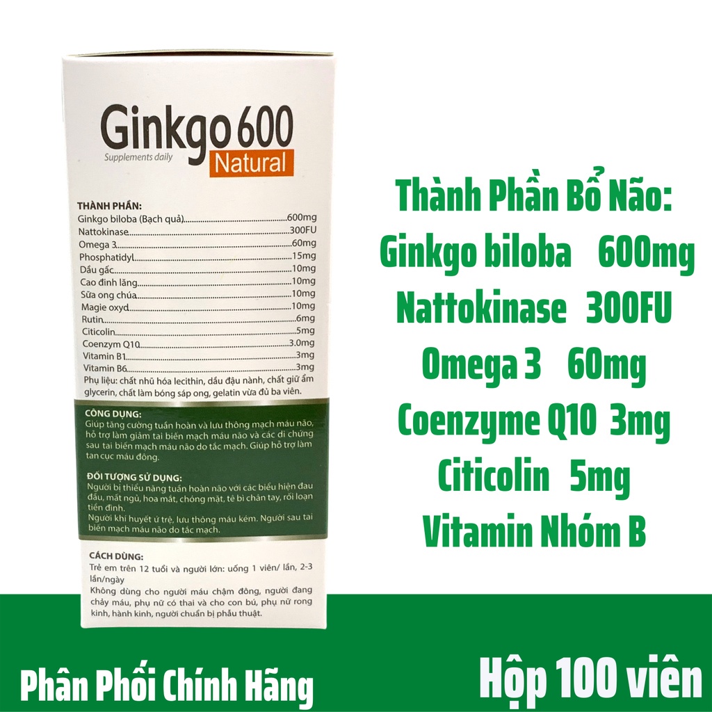 Viên uống bổ não gingko 600, giảm đau đầu, hoa mắt, chóng mặt,rối loạn tiền đình, Hộp 100 viên