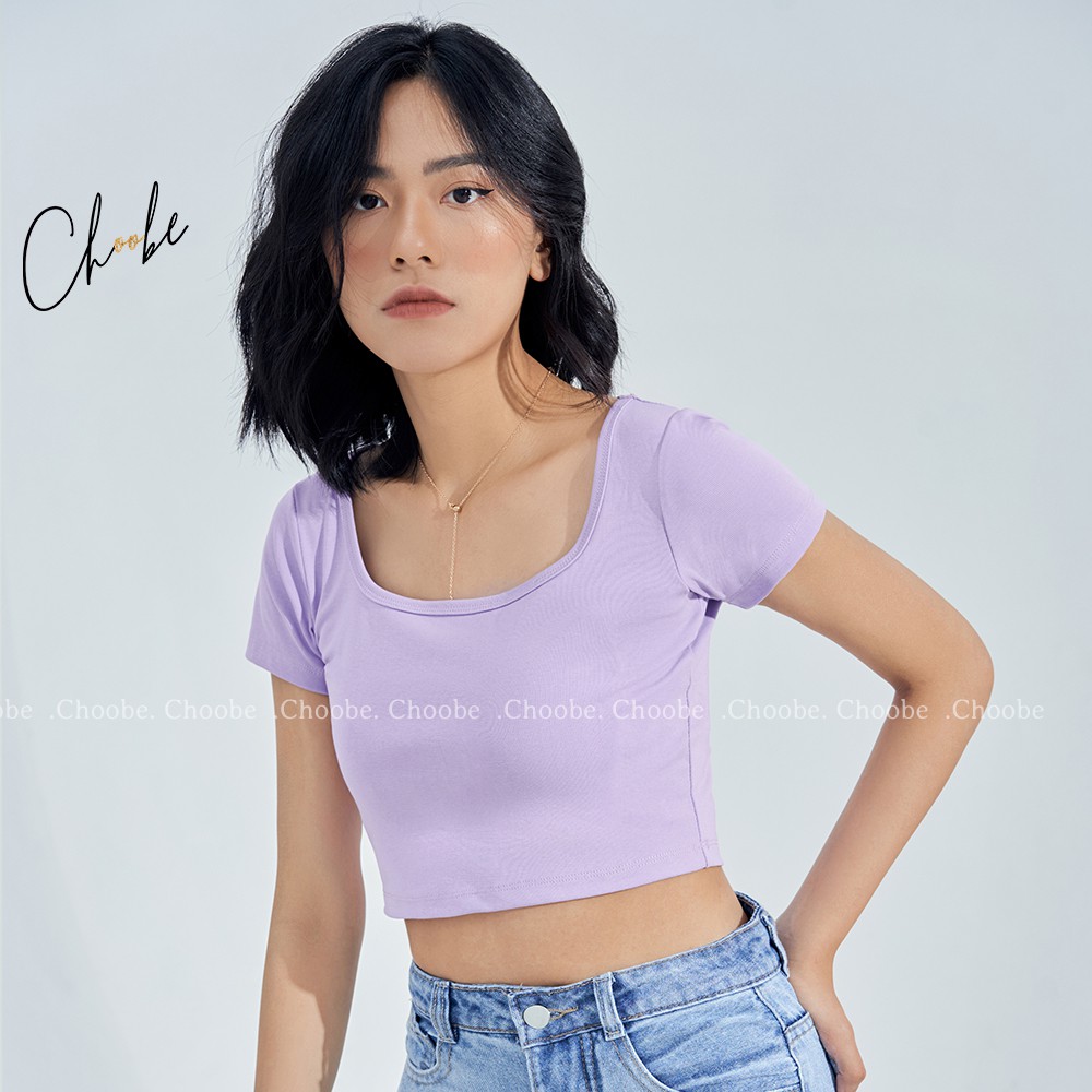 Áo croptop Choobe cổ vuông nữ thun ôm body tanktop 3 lỗ crt cộc tay kiểu màu đen trắng tím nâu hồng A27