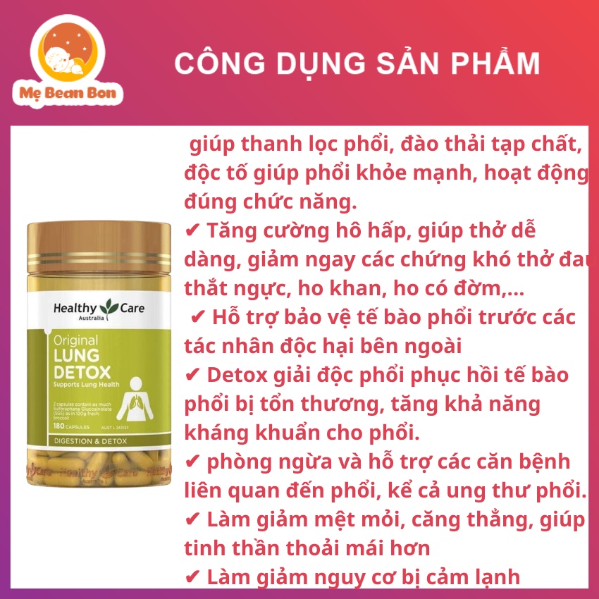 Viên uống giải độc phổi Healthy Care Original Lung Detox 180 Viên Của Úc