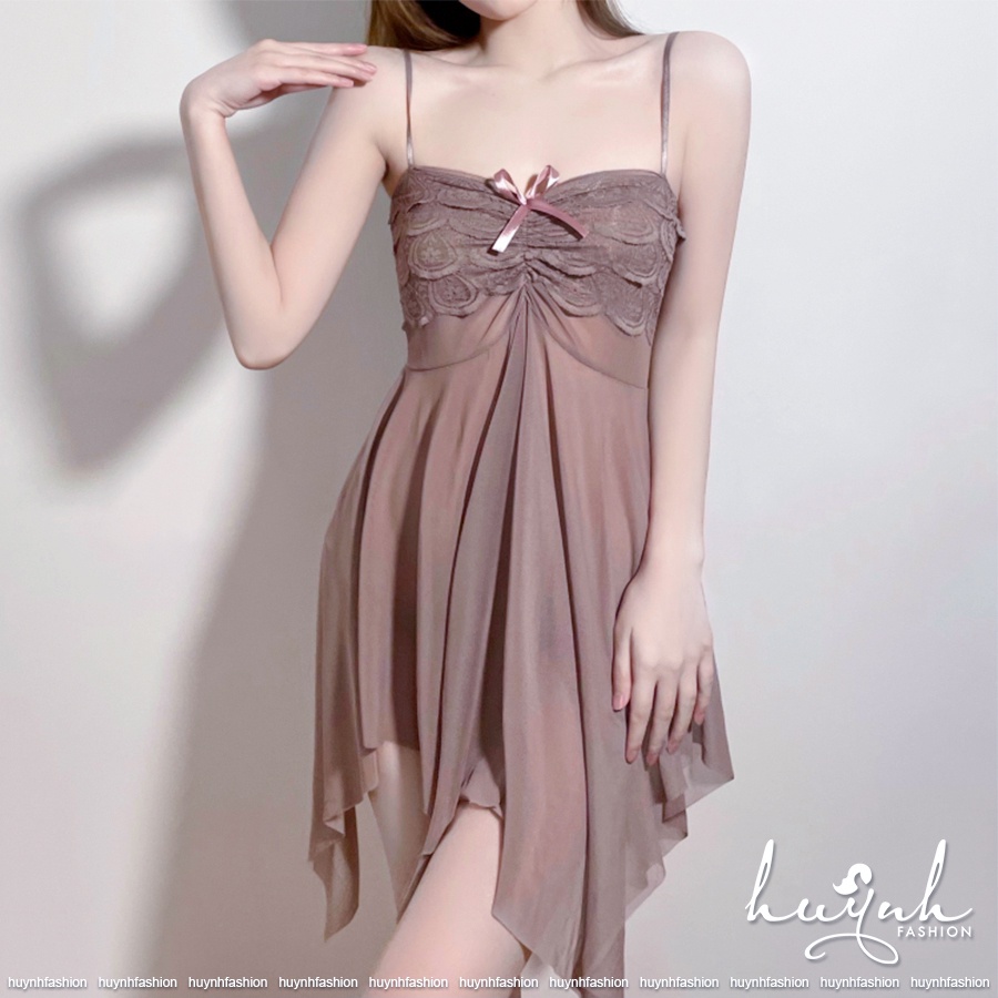 Váy ngủ sexy hai dây (dưới 1m6) đầm ngủ ren ngực gợi cảm - N08A