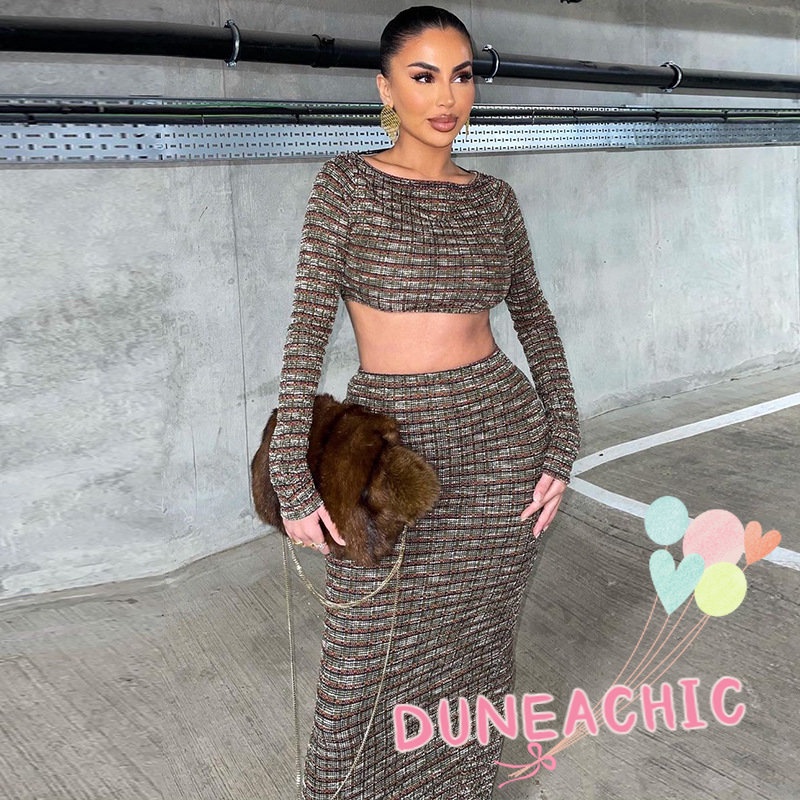 DUNEA Set Áo Thun Lửng Tay Dài Hở Lưng 2 Dây + Chân Váy Dài Thời Trang Nữ