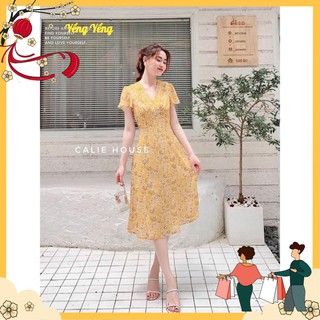 Vnu311 - váy hoa đào trắng cổ v dúm ngực
